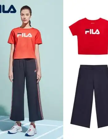 fila斐乐女装运动套装2018秋季舒适透气短t休闲运动七分裤女 f11w