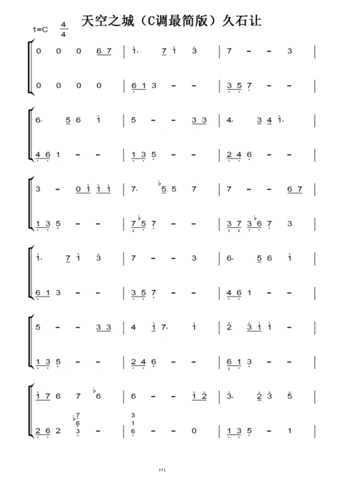 天空之城(c调最简版)久石让(原版)钢琴双手简谱 钢琴谱-天空之城c