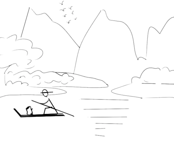 山水风景线描画简笔画