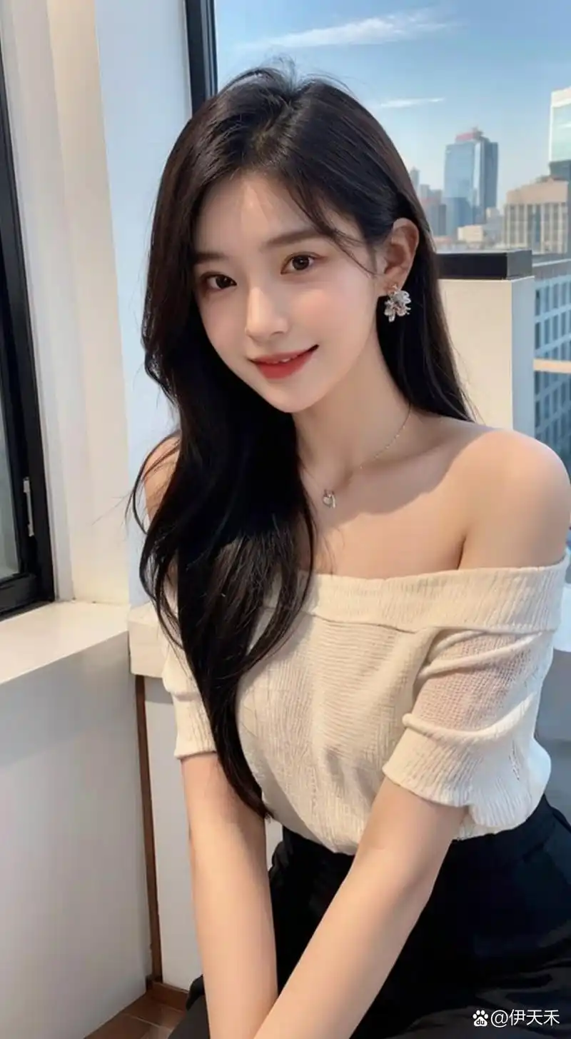 95  94看这位长发飘飘,皮肤白皙的美女,身穿白色与蓝色交织的吊带