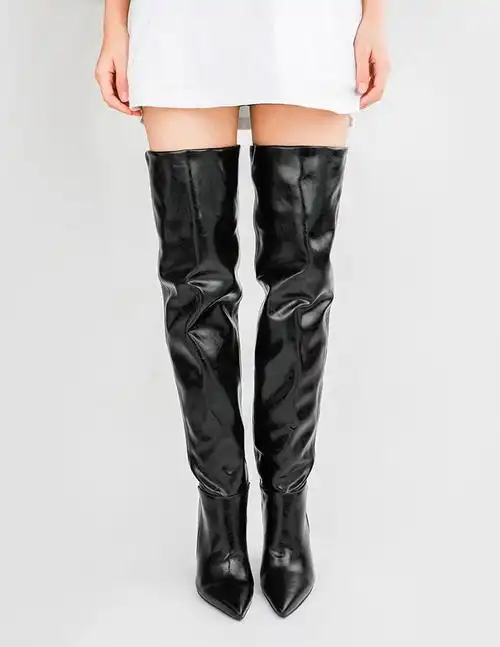 欧美尖头褶皱异形跟过膝长靴女一脚蹬套筒多穿显瘦外贸大码女靴子