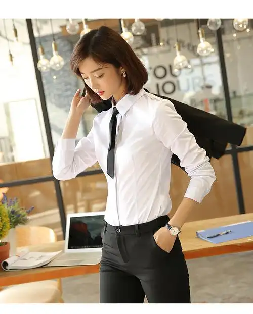 白衬衫女长袖领带面试正装 工作制服修身气质白色衬衣女士职业装