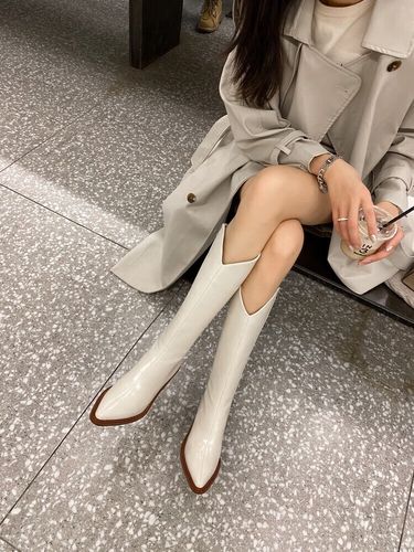 全牛皮高筒靴女v口长筒高跟骑士靴2022新款尖头粗跟复古西部牛仔靴