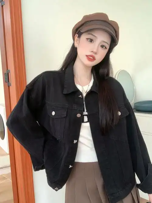 实拍实价~黑色牛仔外套秋冬百搭新款韩版宽松ins小个子休闲上衣 - 17