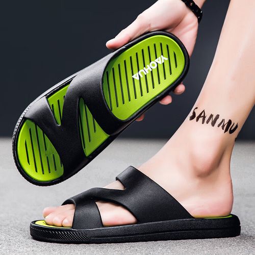 时尚外穿拖鞋男沙滩防滑户外凉拖鞋男 黑绿升级版 40脚宽胖加大一码