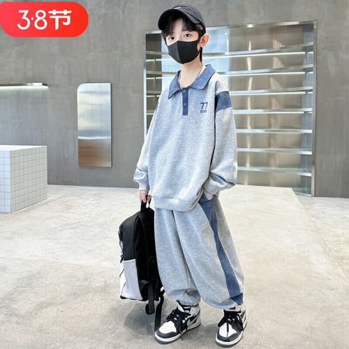 索图男孩衣服714岁套装童装男大童翻领休闲卫衣套装男童春秋套装帅气