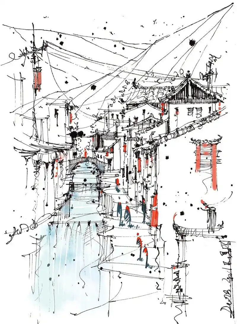 江南小镇.#建筑手绘 #钢笔画速写 #钢笔淡彩 - 抖音