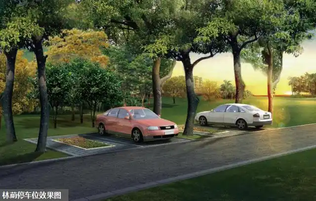 健康步道,林荫下的植草砖停车位   黄色:生态导流沟   蓝色:雨水花园