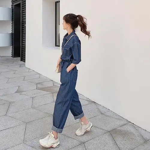 2020夏季新款牛仔连体裤女宽松系带工装连衣牛仔裤