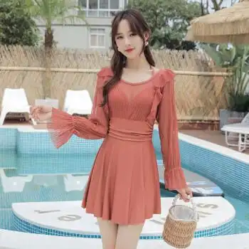 橘色6858>甜美网红宽松洗澡服度假泳装夏日 m>遮肉女装女生泳衣海边