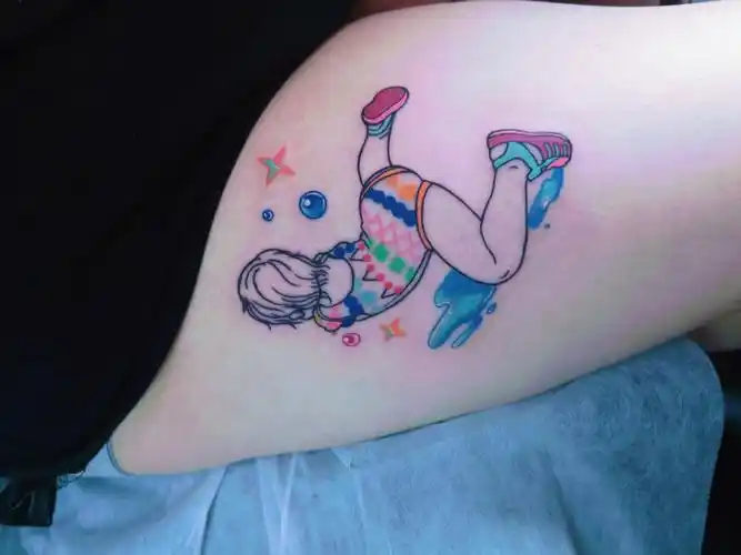 宁波纹身狐森刺青工作室女生大腿彩色小清新