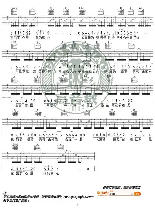 《勇气》吉他谱c调精华版 梁静茹 高音教编配