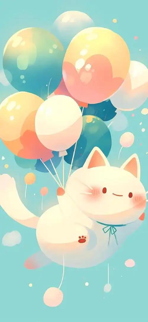 乘着气球飞翔的小猫咪 可爱治愈手绘壁纸#最美壁纸