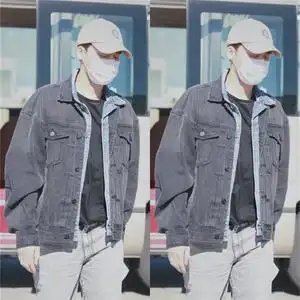 李易峰同款深灰色口袋单排扣牛仔外套翻领简约百搭宽松休闲男女潮