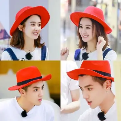 热销平沿礼帽_赵丽颖吴亦凡同款毛呢帽红色礼帽女韩版男纯色大檐英伦