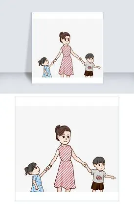 母亲牵着两个孩子手可爱插画