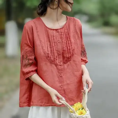 高端镂空刺绣纯苎麻衬衫女夏季新款宽松休闲棉麻上衣亚麻开衫外搭 券