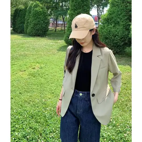 通勤气质简约一粒扣七分袖薄款三醋酸西装外套西服女-阿里巴巴