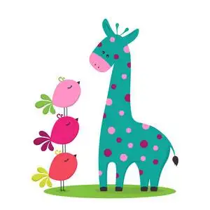 可爱的动画片长颈鹿与鸟在绿色草, 滑稽的动物和鸟无缝卡通纹理与