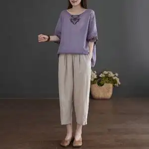 棉麻套装夏季女高端复古刺绣妈妈装夏装亚麻两件套中国民族风女装