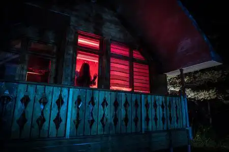 晚上森林里有鬼魂的老房子或雾中被遗弃的鬼屋.