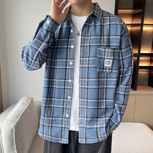 企迈长袖衬衫男春秋季外穿条纹港风宽松薄外套春季新款长袖格子衬衫男