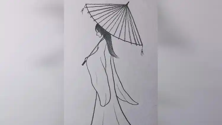 古风打伞女子侧脸简笔画.