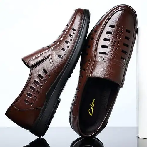 策乐真皮牛皮新款夏季皮凉鞋中老年休闲防臭皮鞋透气镂空洞洞鞋男