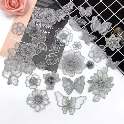 灰色蕾丝花朵图案时尚布贴羽绒服衣服补丁贴装饰修补洞贴花装饰花