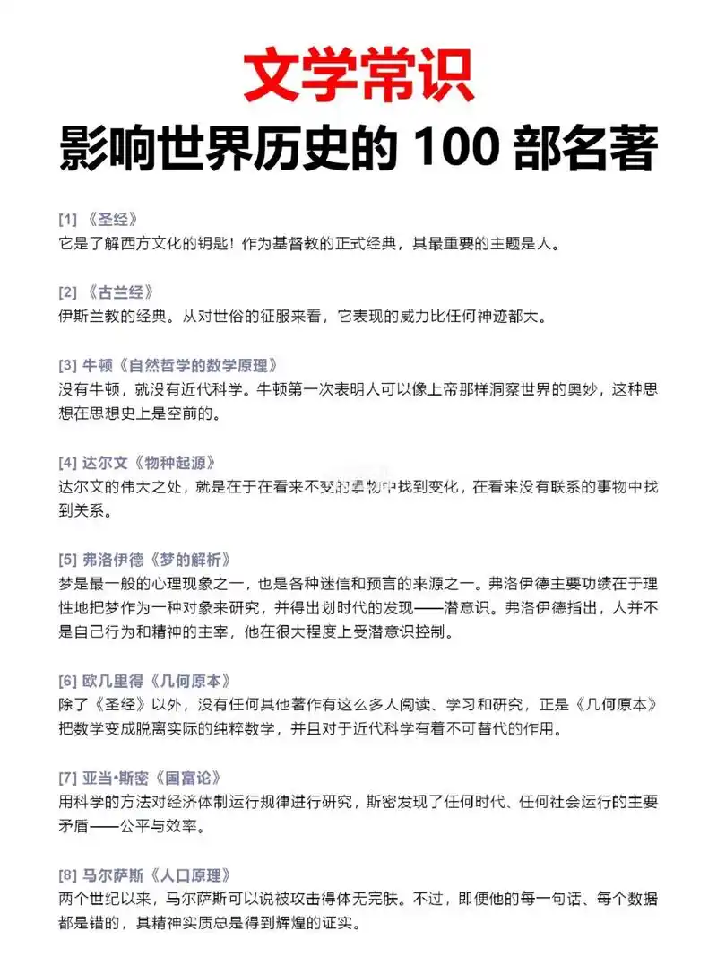 文学常识影响世界历史的100部名著