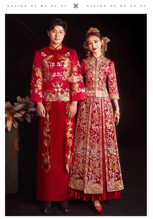 服新娘中国风冬中式结婚礼服新娘新郎唐装秀禾服秋婚纱出阁服龙凤褂