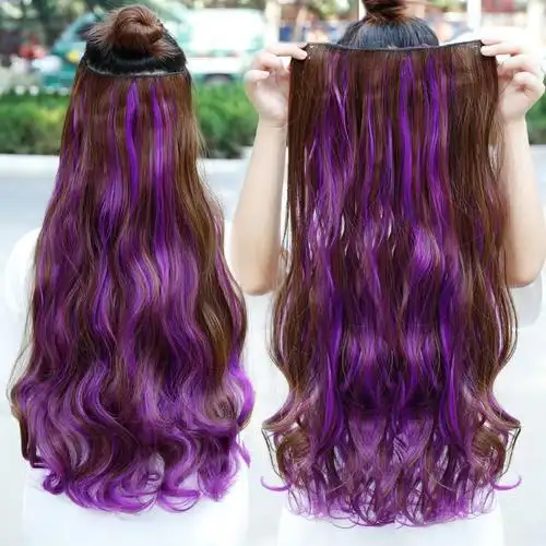 浅棕色紫色彩色假发片一片式无痕挑染渐变女长卷发挂耳染发片长发烫