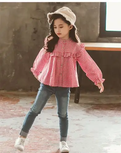 儿童套装女童时尚洋气长袖衬衫春秋新款女宝宝休闲格子衬衣荷叶边女孩