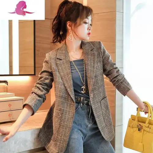 艳如飞格子西装外套女短款春季薄款炸街减龄小个子春装休闲西服上衣