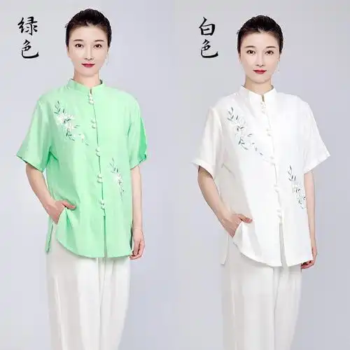 太极服装女新款洋气亚麻棉麻太极拳练功服短袖太极服女夏季
