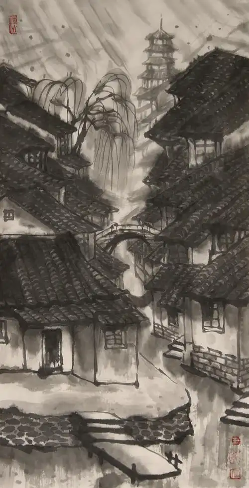 王全大水墨写意"烟雨江南运河雪"
