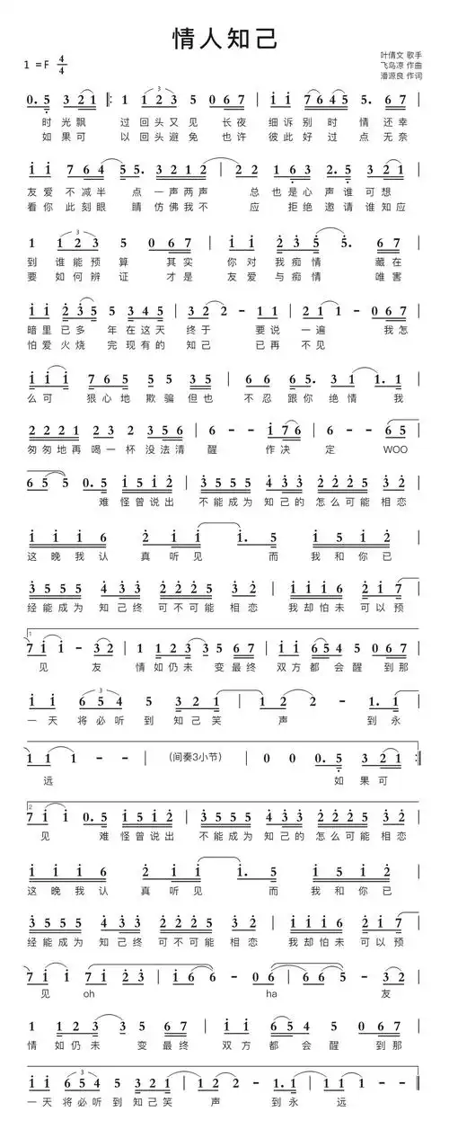 情人知己简谱
