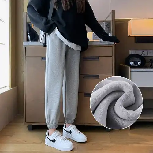 灰色运动裤女新款休闲宽松束脚纯棉加绒加厚显瘦秋冬季小个子卫裤