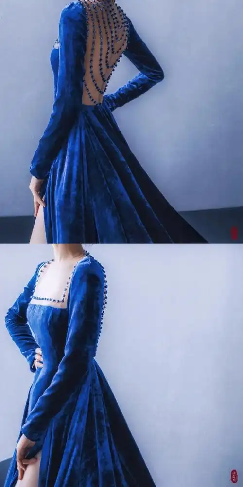 迪丽热巴蓝色丝绒长裙