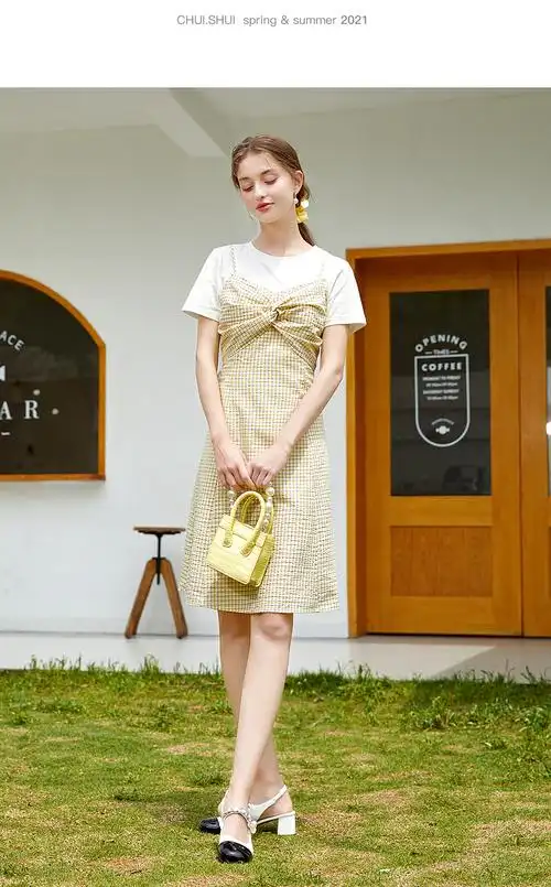 预售秋水伊人鹅黄套装夏装2021年新款女装简约免搭配鹅黄连衣裙套装女