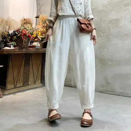 2022年春秋季亚麻女式灯笼裤森女系纯色收腰女九分裤休闲裤子大码