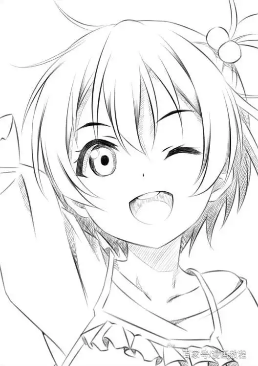 手绘教程:教你画素描风动漫学生妹《lovelive!》里主角:星空凛