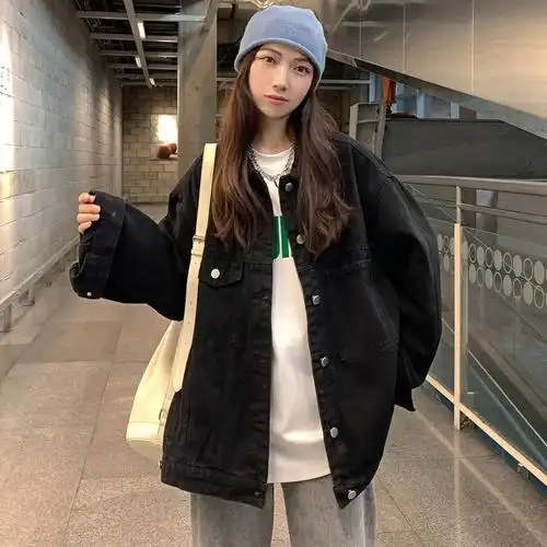 特价~黑色牛仔外套女中长款春秋新款韩版宽松开叉夹克上衣潮,女装短