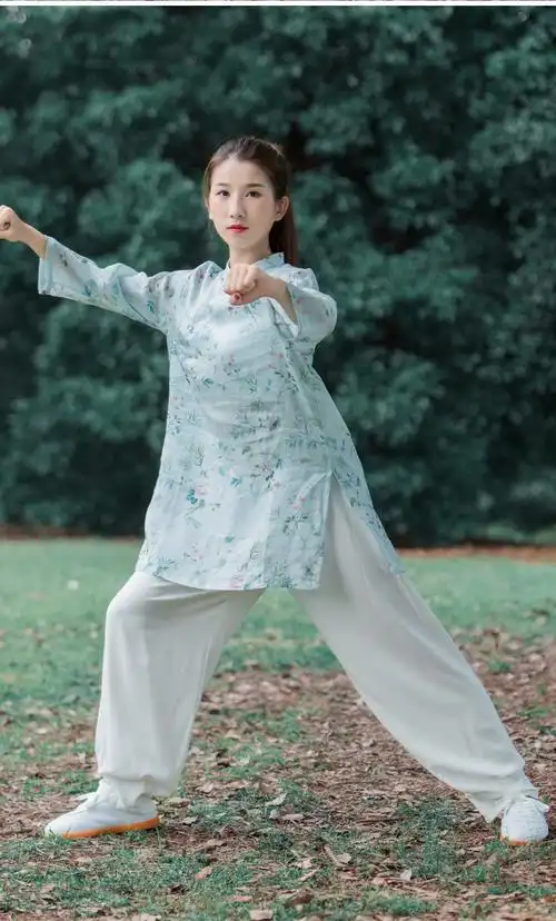 2022新款改良苎麻太极服女装夏季天薄款太极拳练功服装 蓝花色低领