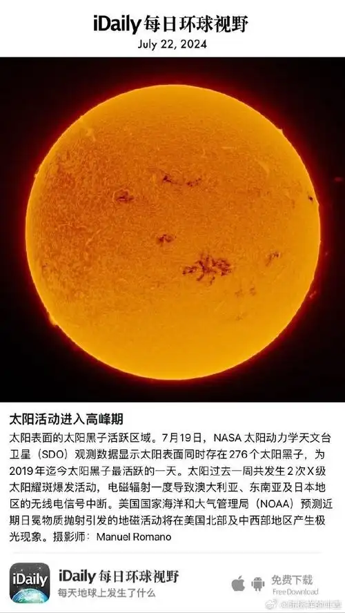 7月19日,nasa 太阳动力学天文台卫星(sdo)观测数据显示太阳表面同时