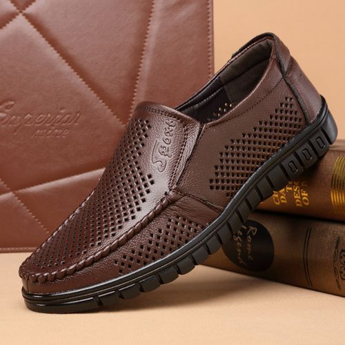 皮凉鞋男士爸爸皮鞋男透气镂空凉鞋牛皮中老年软底包头真皮洞洞鞋