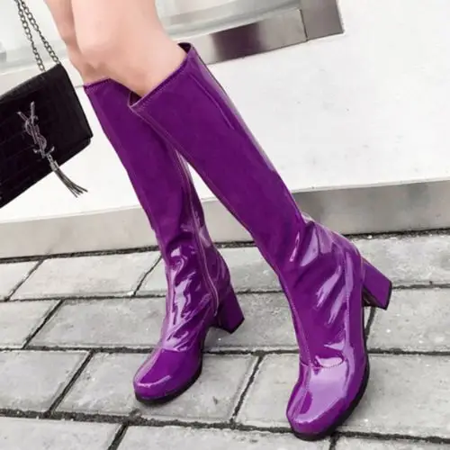 中长款高筒靴女秋冬漆皮长靴欧美美夜紫色靴子时装靴