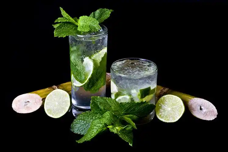 壁纸,饮料,酸橙,莫吉托,黑色背景,2 两,高球杯中,叶,食物,下载,照片