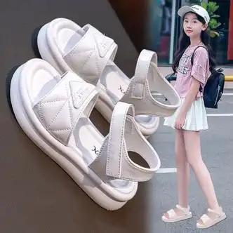 fqaq凉鞋女童鞋夏季新款韩版儿童沙滩鞋软底中大童防滑凉拖小学生米白