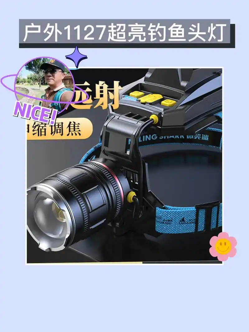 微笑鲨户外强光变焦超亮头灯,可充 - 抖音